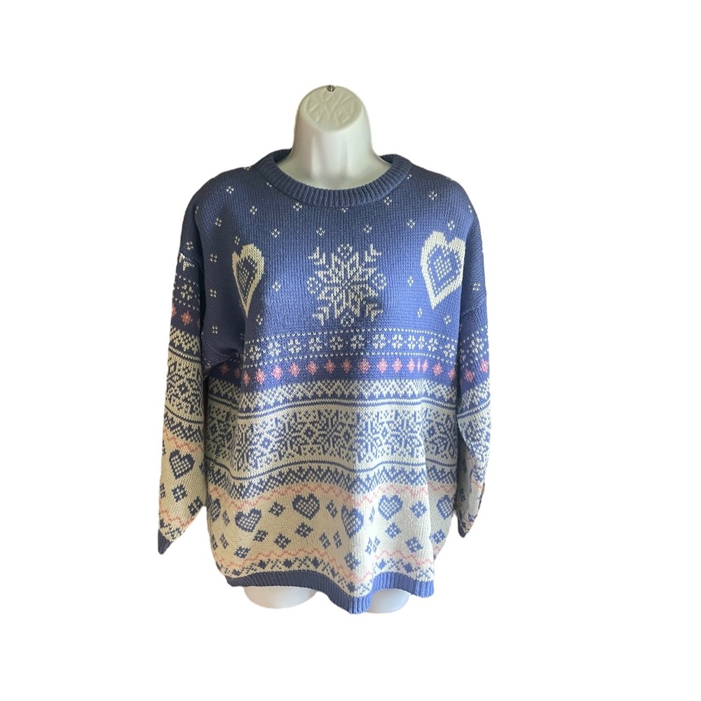 Christie Brooks Vintage Knit‎ Sweater Heart Snowflake Pattern Blue XL